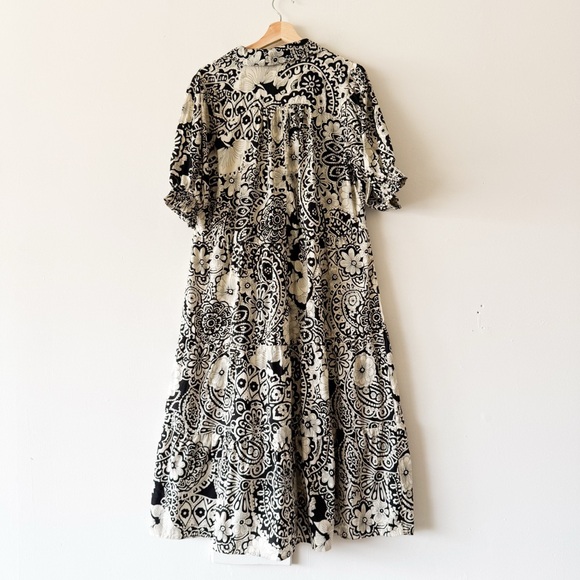 Umgee Floral Black and Cream Smocked Cuff Puff Sleeve Midi Dress Size XL - Picture 4 of 8